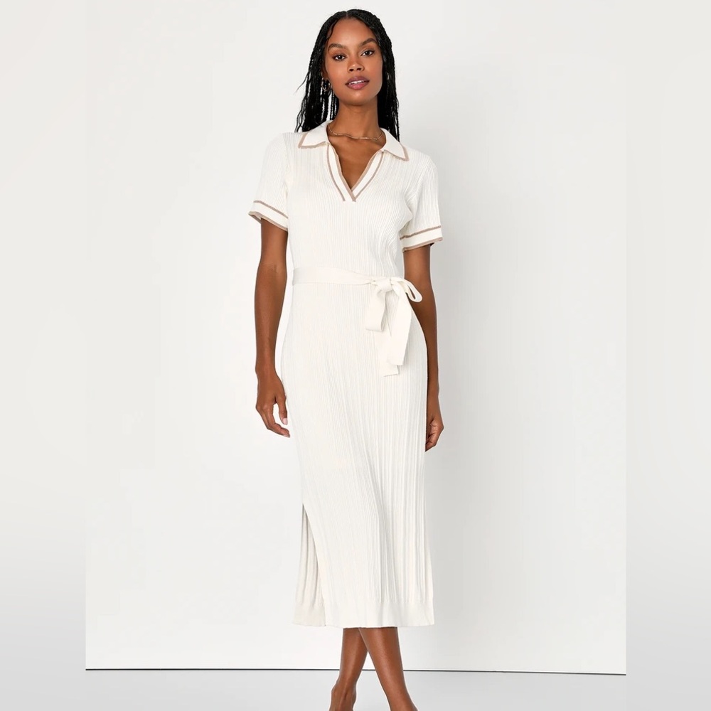 Easily Timeless Ivory Collared Short Sleeve Midi Sweater Dress